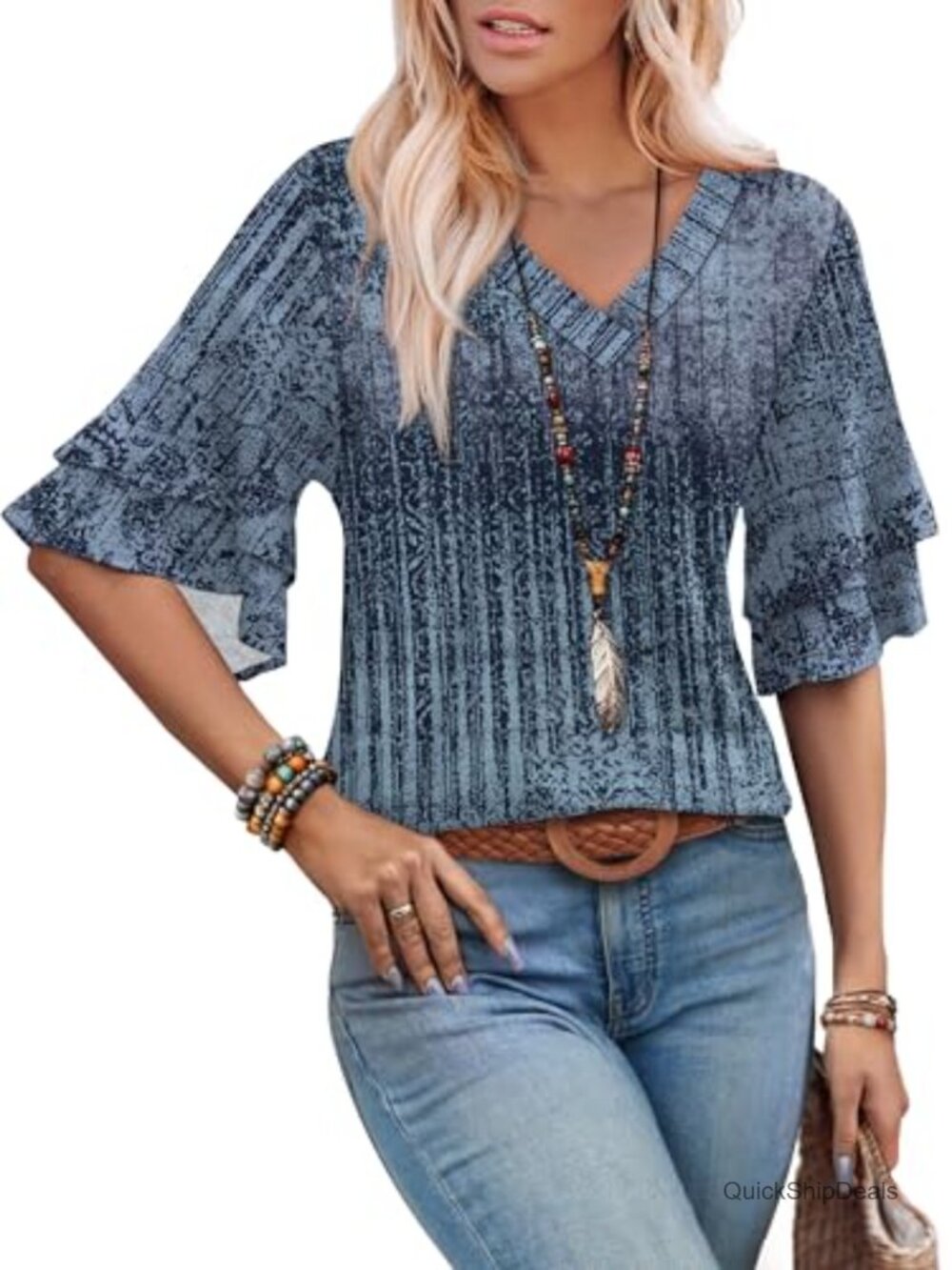 Women's V-Neck 3/4 Sleeve Boho Blouse Peasant Top Casual Workwear